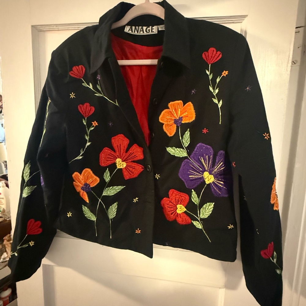 Anage Black Bomber Jacket with Multicolored Floral Embroidery